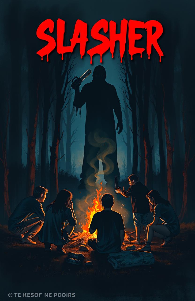 A slasher teen horror cover page featuring 15 characters sitting around a campfire in a dark forest, all depicted as silhouettes illuminated by the warm glow of the fire