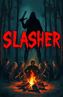 A slasher teen horror cover page featuring 15 characters sitting around a campfire in a dark forest, all depicted as silhouettes illuminated by the warm glow of the fire