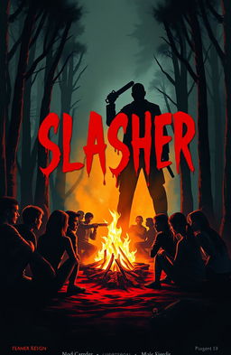 A slasher teen horror cover page featuring 15 characters sitting around a campfire in a dark forest, all depicted as silhouettes illuminated by the warm glow of the fire