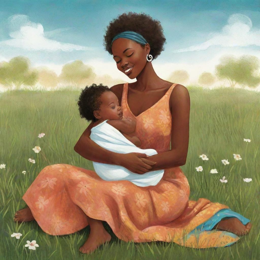 A vibrant, whimsical image in children's book illustration style, showing an African American woman sitting on a grassfield, cradling her newborn with love and care.