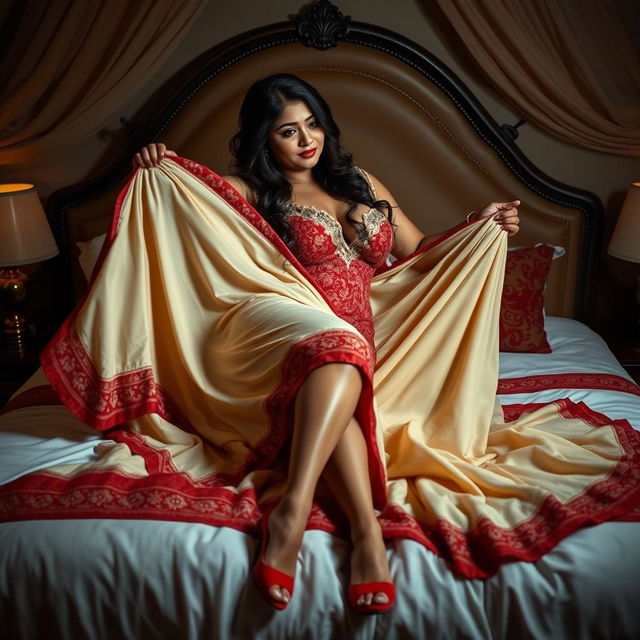 A stunning Assamese woman with an incredibly beautiful face, voluptuous features including big breasts and a curvy figure, passionately engaging with her boyfriend on a luxurious bed