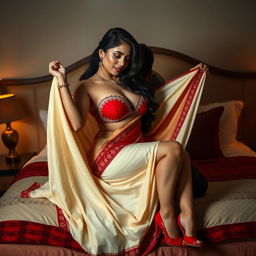 A stunning Assamese woman with an incredibly beautiful face, voluptuous features including big breasts and a curvy figure, passionately engaging with her boyfriend on a luxurious bed