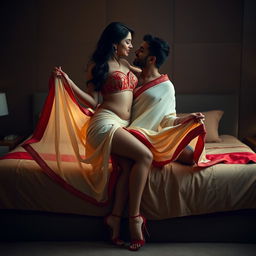 A gorgeous Assamese woman with a stunning face and a sexy figure, featuring big breasts and a curvy silhouette, romantically engaged with her boyfriend on a plush bed