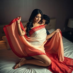 A gorgeous Assamese woman with a stunning face and a sexy figure, featuring big breasts and a curvy silhouette, romantically engaged with her boyfriend on a plush bed