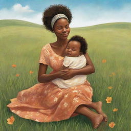 A vibrant, whimsical image in children's book illustration style, showing an African American woman sitting on a grassfield, cradling her newborn with love and care.