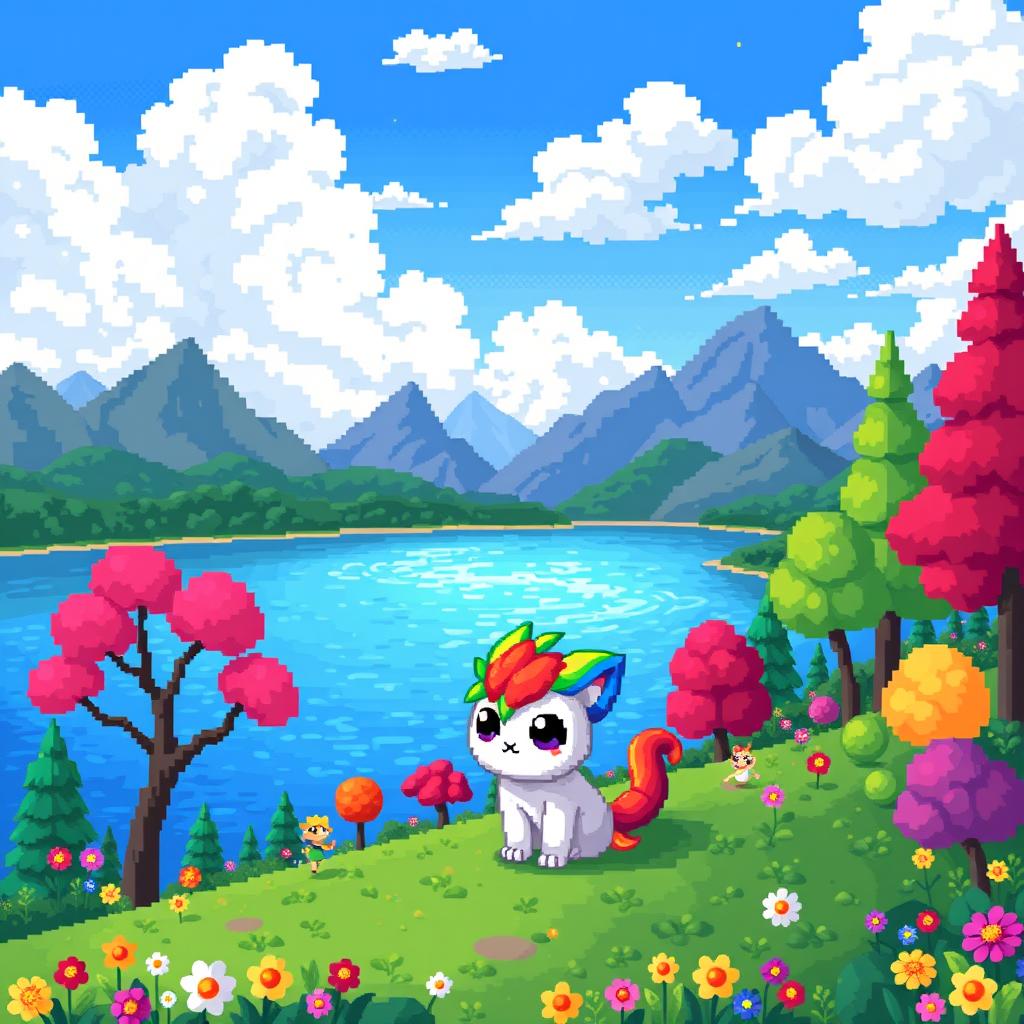 A vibrant pixel art scene depicting a whimsical fantasy landscape