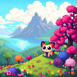 A vibrant pixel art scene depicting a whimsical fantasy landscape