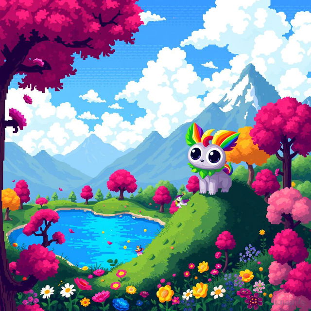 A vibrant pixel art scene depicting a whimsical fantasy landscape