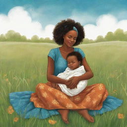 A vibrant, whimsical image in children's book illustration style, showing an African American woman sitting on a grassfield, cradling her newborn with love and care.