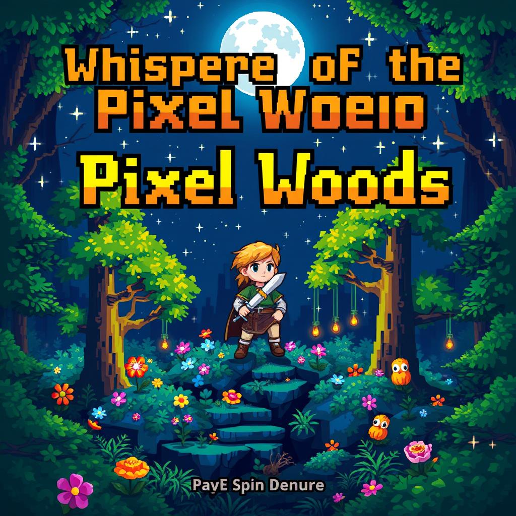 A captivating pixel art book cover featuring a mystical forest theme