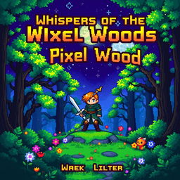 A captivating pixel art book cover featuring a mystical forest theme