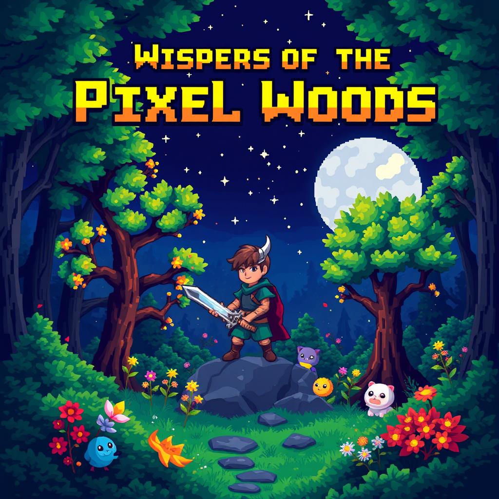 A captivating pixel art book cover featuring a mystical forest theme