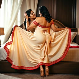 A voluptuous Assamese woman with an exquisitely beautiful face and a sexy figure, featuring large breasts and an ample backside, passionately engaging with her boyfriend on a sumptuous bed