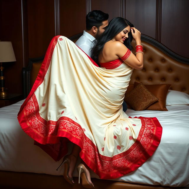 A voluptuous Assamese woman with an exquisitely beautiful face and a sexy figure, featuring large breasts and an ample backside, passionately engaging with her boyfriend on a sumptuous bed