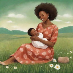 A vibrant, whimsical image in children's book illustration style, showing an African American woman sitting on a grassfield, cradling her newborn with love and care.