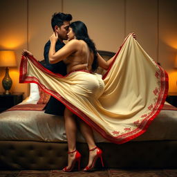 A voluptuous Assamese woman with an exquisitely beautiful face and a sexy figure, featuring large breasts and an ample backside, passionately engaging with her boyfriend on a sumptuous bed