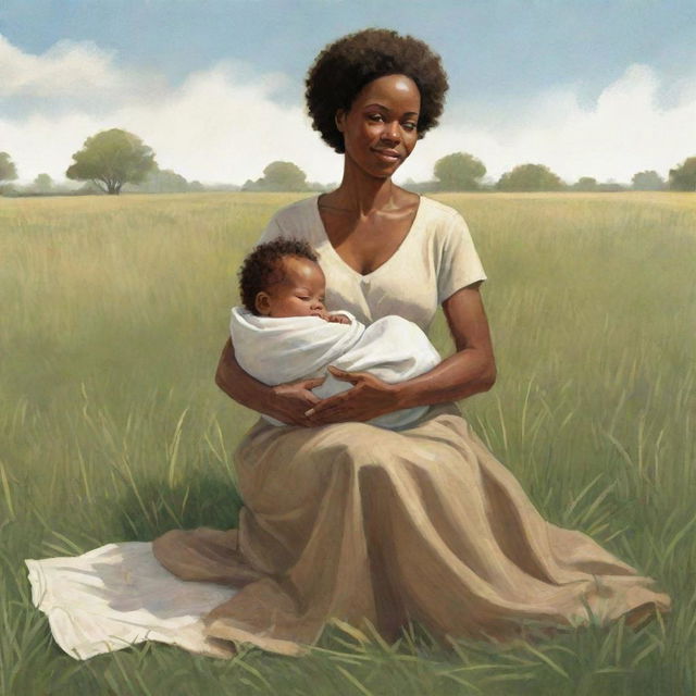 A delightful children's book-style illustration of an African American mother seated in a sprawling grassfield, holding her newborn baby gently in her arms.