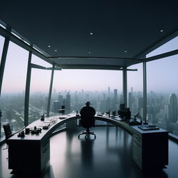 In broad daylight, the penthouse office of the SWAT Commander, characterized by its sweeping glass walls providing a panoramic view of the bustling city.