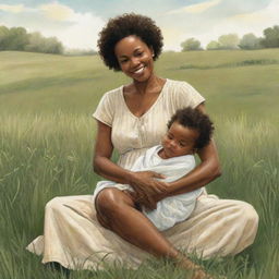 A delightful children's book-style illustration of an African American mother seated in a sprawling grassfield, holding her newborn baby gently in her arms.