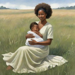 A delightful children's book-style illustration of an African American mother seated in a sprawling grassfield, holding her newborn baby gently in her arms.