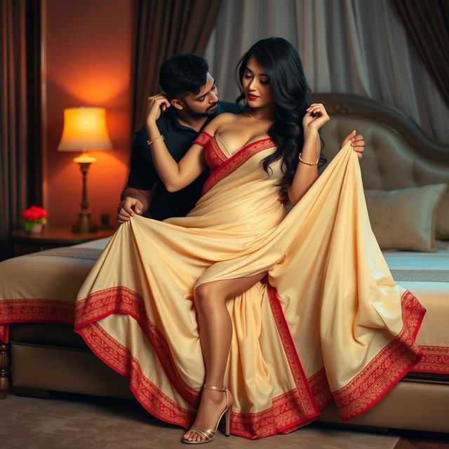 A sensual Assamese woman with a beautiful face and a seductive figure, featuring big breasts and a curvy body, displaying her chubby and fair skin