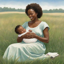 A delightful children's book-style illustration of an African American mother seated in a sprawling grassfield, holding her newborn baby gently in her arms.