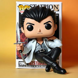 A Funko Pop figure of Astarion, featuring his signature classic white shirt and sleek black leather pants