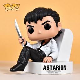 A Funko Pop figure of Astarion, featuring his signature classic white shirt and sleek black leather pants