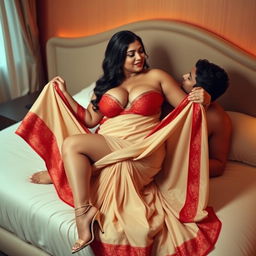 A voluptuous Assamese woman with a strikingly beautiful face, featuring big breasts and an alluring figure, showcasing her chubby and fair skin