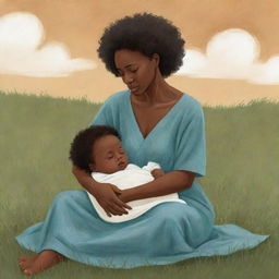 A poignant children's book-style illustration depicting an African American woman concealing sadness as she sits on a grassfield holding her newborn baby.