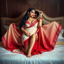 A sultry Assamese woman with long hair and a stunningly beautiful face, featuring a sexy figure with big breasts and a curvy body, showcasing her fair skin