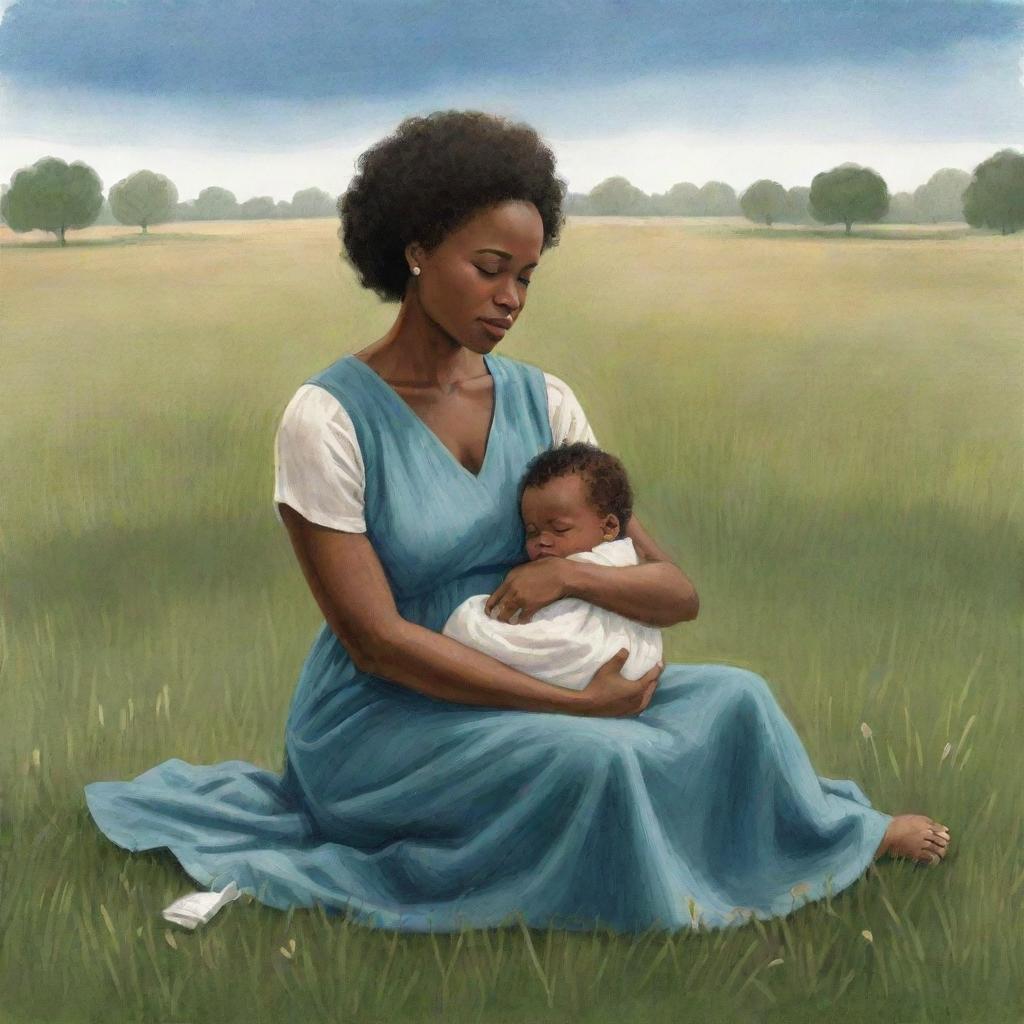 A poignant children's book-style illustration depicting an African American woman concealing sadness as she sits on a grassfield holding her newborn baby.