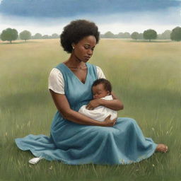 A poignant children's book-style illustration depicting an African American woman concealing sadness as she sits on a grassfield holding her newborn baby.