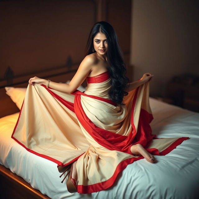 A strikingly beautiful Assamese woman with long hair, featuring a sexy figure with big breasts and a curvy backside, showcasing her fair skin