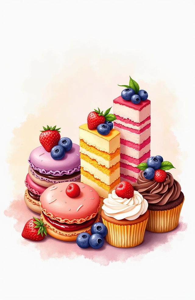 A beautifully arranged display of various delectable desserts, including colorful macarons, tall slices of layered cake topped with fresh fruit, glossy éclairs, and artisan cupcakes decorated with swirls of icing, all set against a soft, dreamy watercolor background