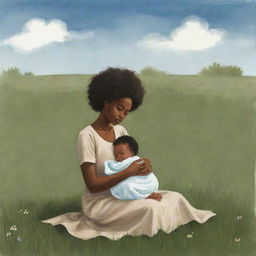 A poignant children's book-style illustration depicting an African American woman concealing sadness as she sits on a grassfield holding her newborn baby.