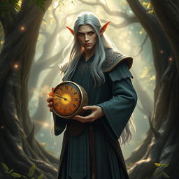 An elf sorcerer standing in a mystical forest, surrounded by ancient trees