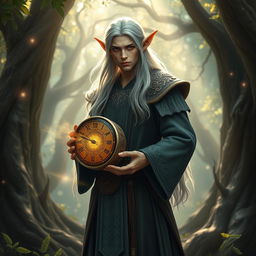 An elf sorcerer standing in a mystical forest, surrounded by ancient trees