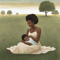 A poignant children's book-style illustration depicting an African American woman concealing sadness as she sits on a grassfield holding her newborn baby.