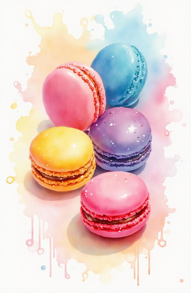 An abstract representation of a delicious dessert display, featuring vibrant swirls of color representing macarons, cakes, and pastries, merging together in a fluid, dreamlike watercolor style