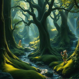 An enchanting elven forest with lush greenery, towering ancient trees, twinkling fairy lights, and soft moss covering the ground