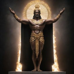 A powerful and radiant figure representing God bestowing strength and illumination on a human character who is overcoming dark symbols of sin. Showcase the victorious triumph of purity and righteousness.