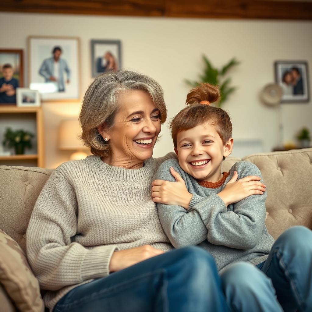 A warm, loving scene depicting a mother and child sharing a joyful moment together in a cozy home setting