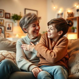 A warm, loving scene depicting a mother and child sharing a joyful moment together in a cozy home setting