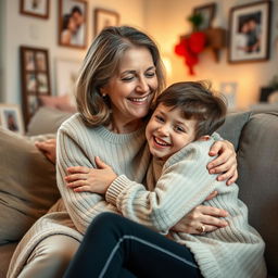 A warm, loving scene depicting a mother and child sharing a joyful moment together in a cozy home setting