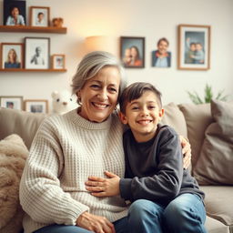 A warm, loving scene depicting a mother and child sharing a joyful moment together in a cozy home setting