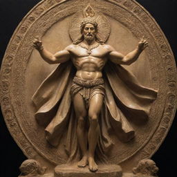 A powerful and radiant figure representing God bestowing strength and illumination on a human character who is overcoming dark symbols of sin. Showcase the victorious triumph of purity and righteousness.