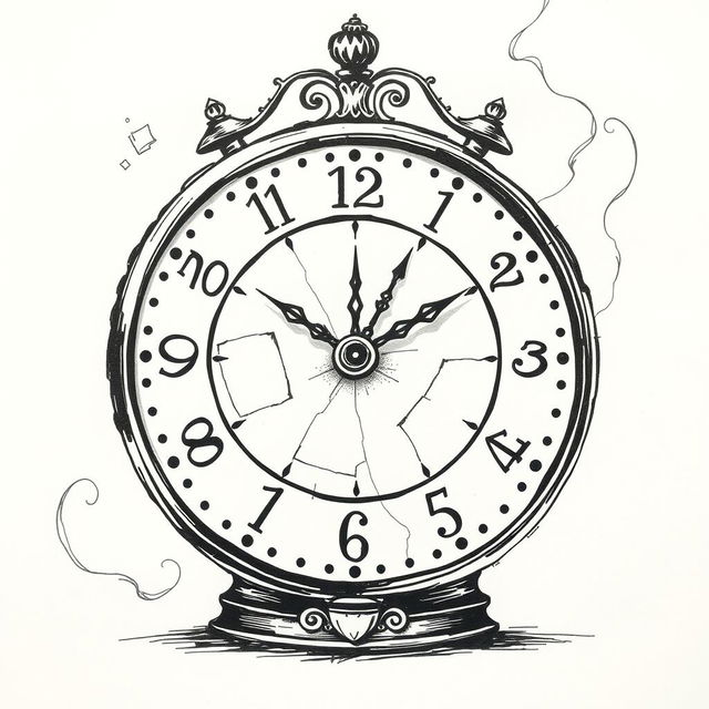 A hand-drawn black and white illustration of a clock with its hands frozen at a specific time, symbolizing endless waiting and growing anxiety