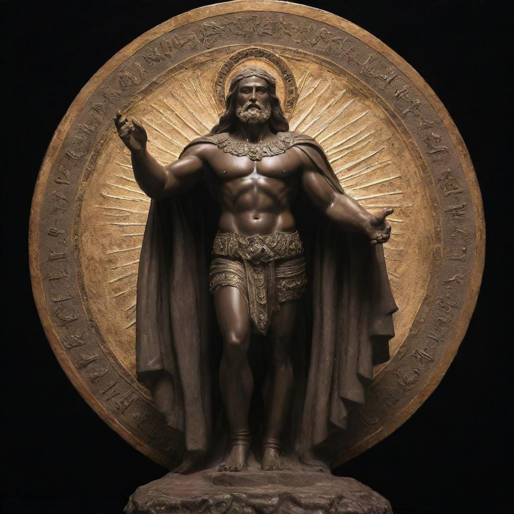 A powerful and radiant figure representing God bestowing strength and illumination on a human character who is overcoming dark symbols of sin. Showcase the victorious triumph of purity and righteousness.