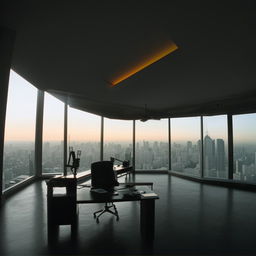 In broad daylight, the penthouse office of the SWAT Commander, characterized by its sweeping glass walls providing a panoramic view of the bustling city.